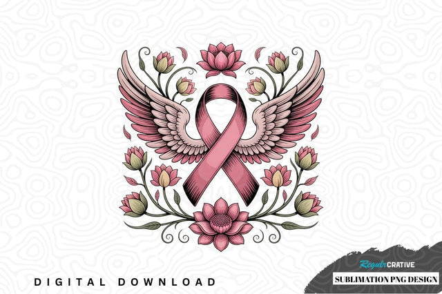 Pink ribbon with wings and flowers sublimation png design Sublimation Regulrcrative 