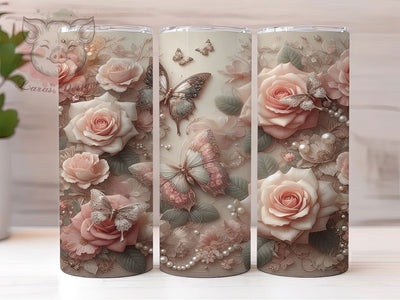 Pink Rose Butterfly 20oz Tumbler, Pink Roses Cup Wrap, Floral Sublimation Design, 20Oz Tumbler Wrap, Elegant Butterfly Cup, Nature Inspired Floral Wrap, Artistic Rose Butterfly Design Sublimation Lara' s Designs 