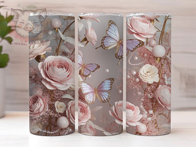 Pink Rose Butterfly 20oz Tumbler, Pink Roses Cup Wrap, Floral Sublimation Design, 20Oz Tumbler Wrap, Elegant Butterfly Cup, Nature Inspired Floral Wrap, Artistic Rose Butterfly Design Sublimation Lara' s Designs 
