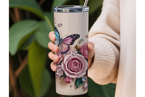 Pink Rose & Butterfly 20oz Tumbler Wrap Sublimation DesignSVG 