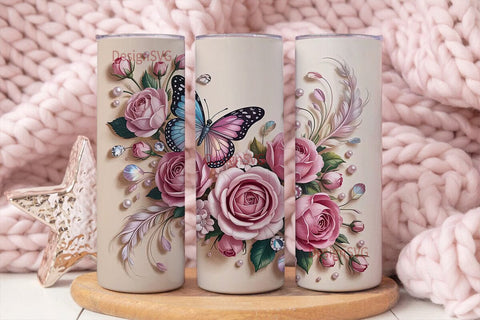 Pink Rose & Butterfly 20oz Tumbler Wrap Sublimation DesignSVG 