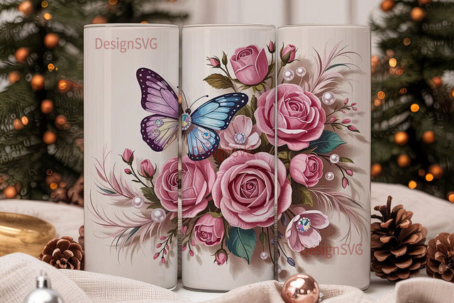Pink Rose & Butterfly 20oz Tumbler Wrap Sublimation DesignSVG 