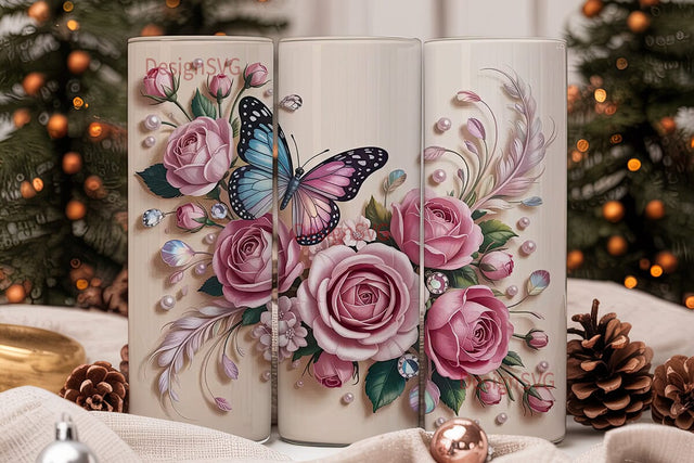 Pink Rose & Butterfly 20oz Tumbler Wrap Sublimation DesignSVG 