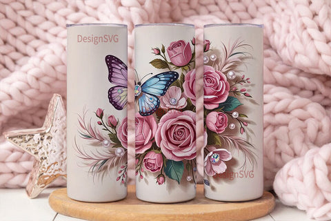 Pink Rose & Butterfly 20oz Tumbler Wrap Sublimation DesignSVG 