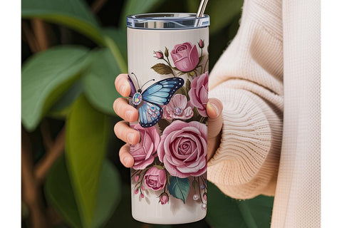 Pink Rose & Butterfly 20oz Tumbler Wrap Sublimation DesignSVG 