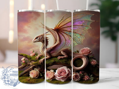 Pink Rose Dragon Tumbler, Rose Motif, Fantasy Theme, Mythical Art, Whimsical Design, 20Oz Tumbler, Sublimation Wrap Sublimation ToriDesigns 
