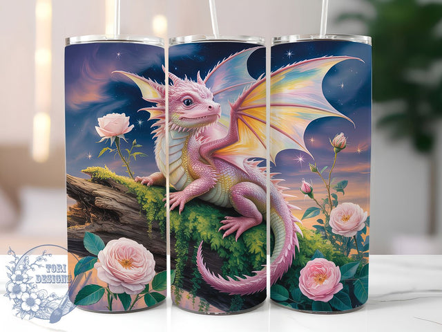 Pink Rose Dragon Tumbler, Rose Motif, Fantasy Theme, Mythical Art, Whimsical Design, 20Oz Tumbler, Sublimation Wrap Sublimation ToriDesigns 