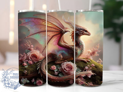 Pink Rose Dragon Tumbler, Rose Motif, Fantasy Theme, Mythical Art, Whimsical Design, 20Oz Tumbler, Sublimation Wrap Sublimation ToriDesigns 