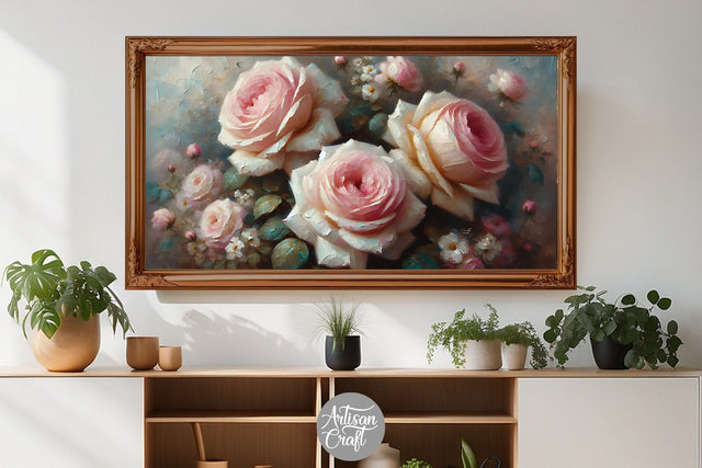 Pink rose Frame TV art | Oil painting Digital Pattern Artisan Craft SVG 
