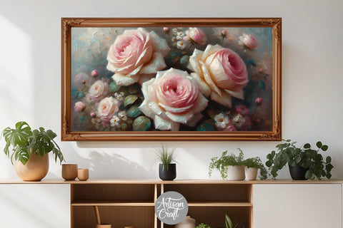 Pink rose Frame TV art | Oil painting Digital Pattern Artisan Craft SVG 