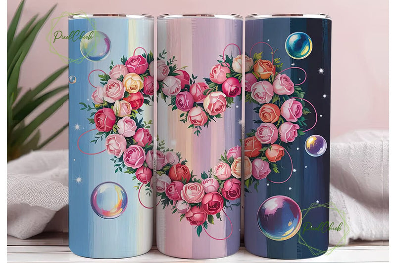 Pink Rose Heart Floral 20oz Tumbler Wrap Sublimation PixelChick 
