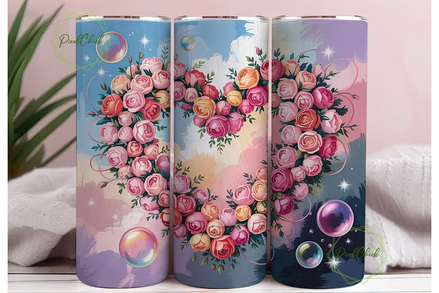 Pink Rose Heart Floral 20oz Tumbler Wrap Sublimation PixelChick 