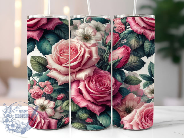 Pink Roses 20oz Skinny Tumbler, Valentine's Day Flowers Tumbler Png, Straight & Tapered Tumbler Wrap, Instant Digital Download Sublimation ToriDesigns 