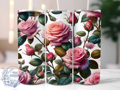 Pink Roses 20oz Skinny Tumbler, Valentine's Day Flowers Tumbler Png, Straight & Tapered Tumbler Wrap, Instant Digital Download Sublimation ToriDesigns 