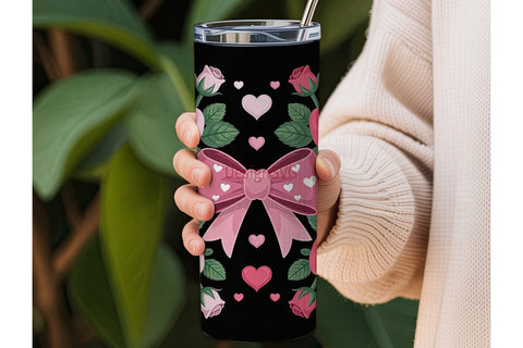 Pink Roses & Bow 20oz Tumbler Wrap Sublimation DesignSVG 