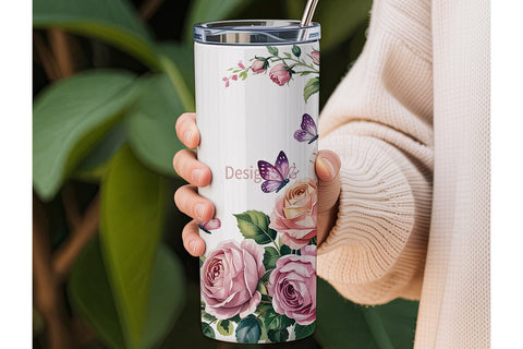 Pink Roses & Butterflies 20oz Tumbler Sublimation DesignSVG 