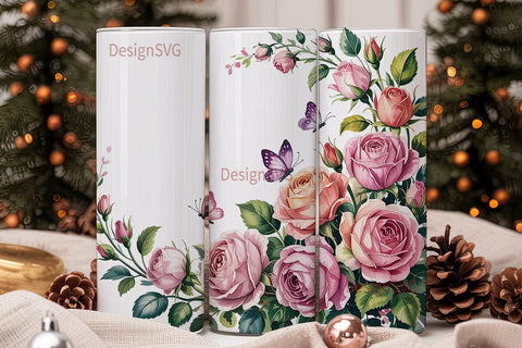 Pink Roses & Butterflies 20oz Tumbler Sublimation DesignSVG 