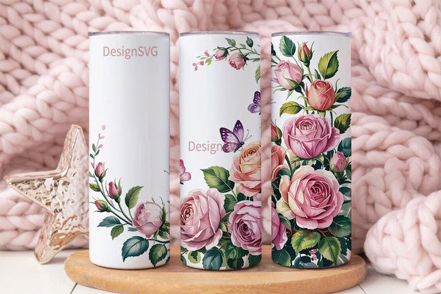 Pink Roses & Butterflies 20oz Tumbler Sublimation DesignSVG 