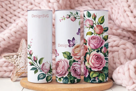 Pink Roses & Butterflies 20oz Tumbler Sublimation DesignSVG 