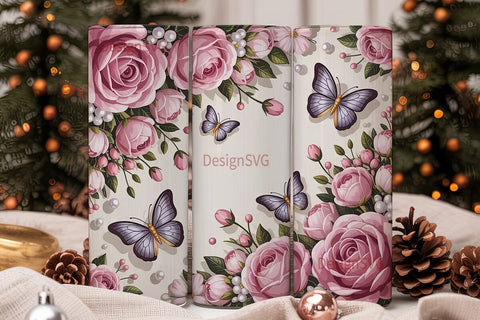 Pink Roses & Butterflies Tumbler Wrap Sublimation DesignSVG 