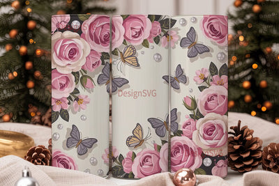 Pink Roses & Butterflies Tumbler Wrap Sublimation DesignSVG 