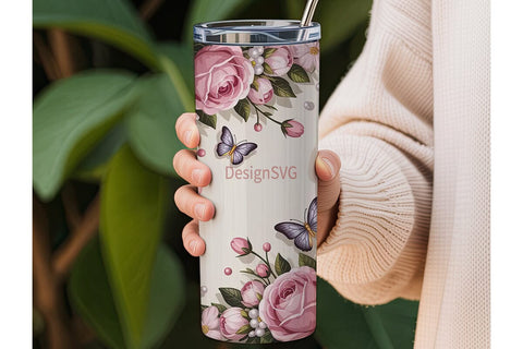 Pink Roses & Butterflies Tumbler Wrap Sublimation DesignSVG 