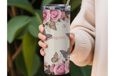 Pink Roses & Butterflies Tumbler Wrap Sublimation DesignSVG 