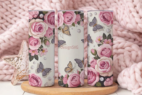 Pink Roses & Butterflies Tumbler Wrap Sublimation DesignSVG 