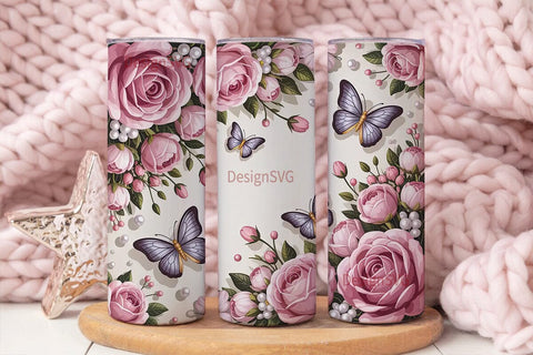 Pink Roses & Butterflies Tumbler Wrap Sublimation DesignSVG 