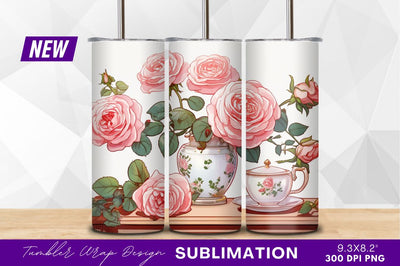Pink roses in vase with teacup clipart png Sublimation Regulrcrative 