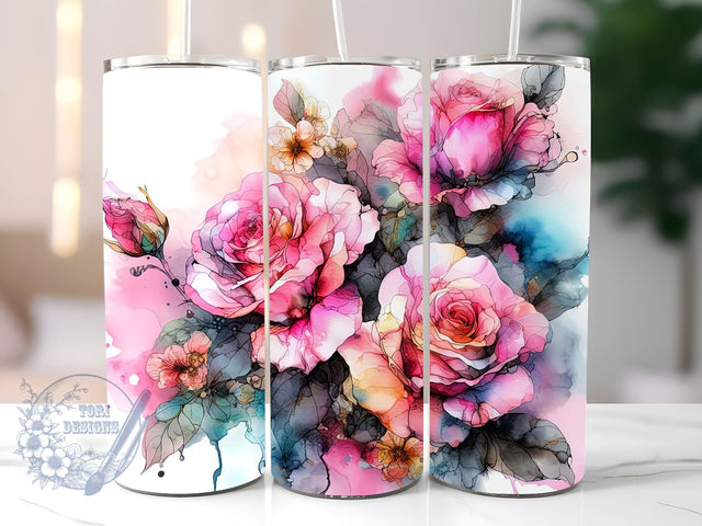 Pink Roses Tumbler Wrap 20oz Skinny Tumbler Sublimation Watercolor Roses 20oz Skinny Tumbler Sublimation PNG Digital Download Sublimation ToriDesigns 