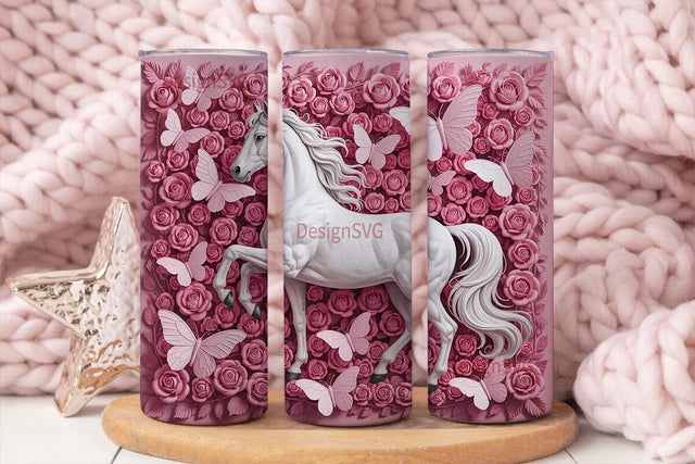 Pink Roses & White Horse 20oz Tumbler Sublimation DesignSVG 