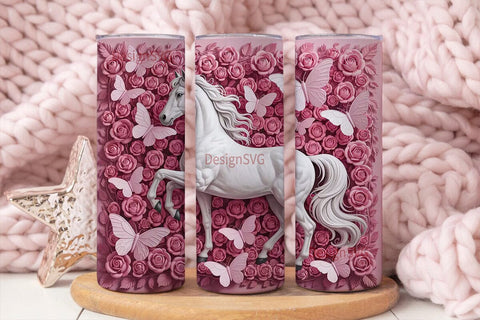 Pink Roses & White Horse 20oz Tumbler Sublimation DesignSVG 
