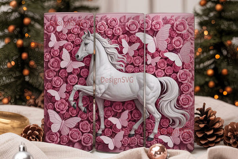 Pink Roses & White Horse 20oz Tumbler Sublimation DesignSVG 