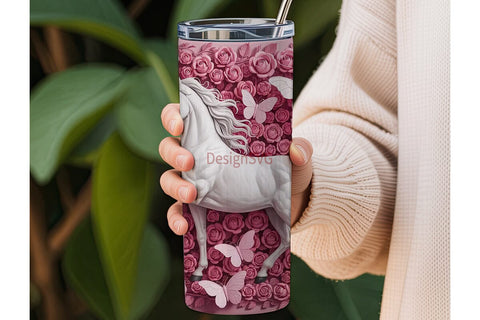 Pink Roses & White Horse 20oz Tumbler Sublimation DesignSVG 