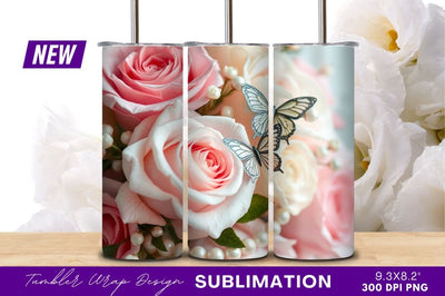 Pink roses with butterflies tumbler png design Sublimation Regulrcrative 