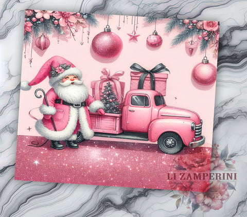 Pink Santa 20oz Tumbler Wrap PNG, Pink Christmas Truck Tumbler Png, Straight & Tapered Tumbler Wrap, Instant Digital Download Sublimation Li Zamperini 