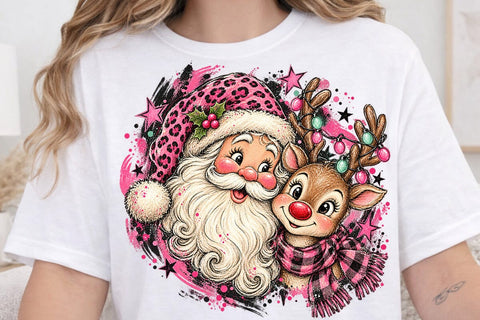 Pink Santa And Reindeer Sublimation PNG SVG DesignDestine 