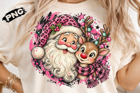 Pink Santa And Reindeer Sublimation PNG SVG DesignDestine 