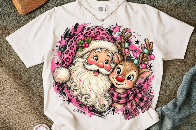 Pink Santa And Reindeer Sublimation PNG SVG DesignDestine 
