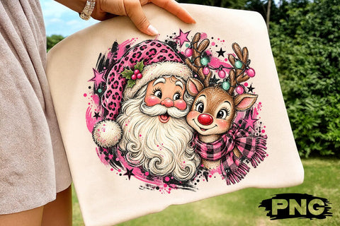 Pink Santa And Reindeer Sublimation PNG SVG DesignDestine 