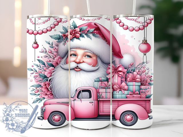 Pink Santa Christmas 20oz Skinny Tumbler, Pink Christmas Truck Tumbler Png, Straight & Tapered Tumbler Wrap, Instant Digital Download Sublimation ToriDesigns 