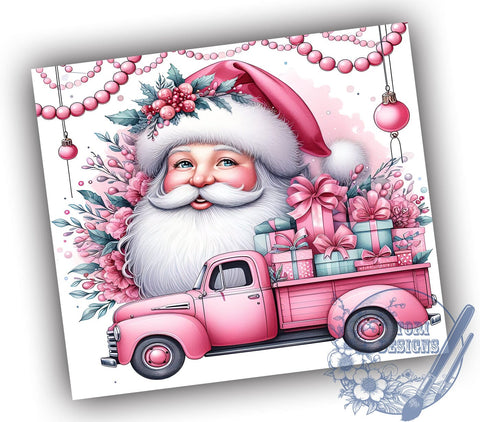 Pink Santa Christmas 20oz Skinny Tumbler, Pink Christmas Truck Tumbler Png, Straight & Tapered Tumbler Wrap, Instant Digital Download Sublimation ToriDesigns 