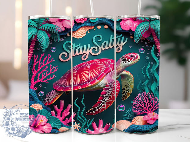 Pink Sea Turtle Stay Salty 20oz Tumbler, Pink Sea Turtle, Stay Salty, Ocean Design, Sublimation Wrap, 20oz Tumbler, Coastal Aesthetic, Beach Charm Sublimation ToriDesigns 