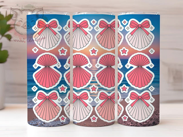 Pink Seashell Bow 20oz Tumbler, Pink Seashell Art, Sticker Sheet Illustration, Sublimation Tumbler Wrap, 20oz Tumbler, Cute Girly Gift, Coastal Summer Style Sublimation Lara' s Designs 