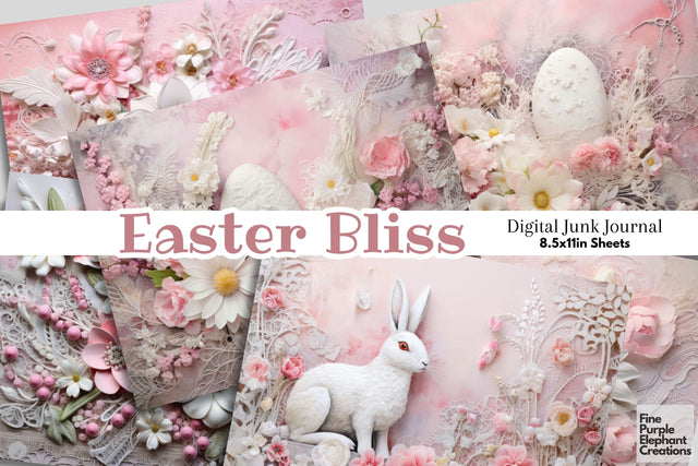 Pink Shabby Chic Easter Digital Junk Journal Double Pages | Spring Bunny Digital Pattern Fine Purple Elephant Creations 