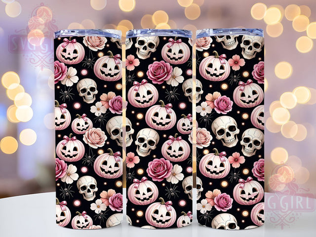 Pink Skull Pumpkin 20oz Tumbler, Pink Theme, Skull Motif, Pumpkin Design, Halloween Style, Playful Gothic, Skinny Tumbler, Sublimation PNG Sublimation SvggirlplusArt 