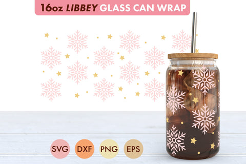 Pink Snowflake Pattern SVG PNG 16 oz Libbey Glass Can SVG Freeling Design House 