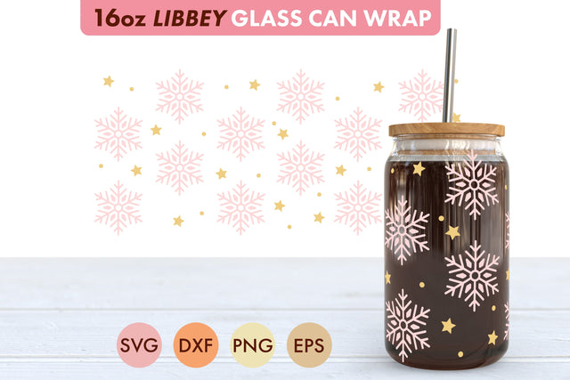 Pink Snowflake Pattern SVG PNG 16 oz Libbey Glass Can SVG Freeling Design House 