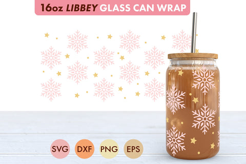 Pink Snowflake Pattern SVG PNG 16 oz Libbey Glass Can SVG Freeling Design House 